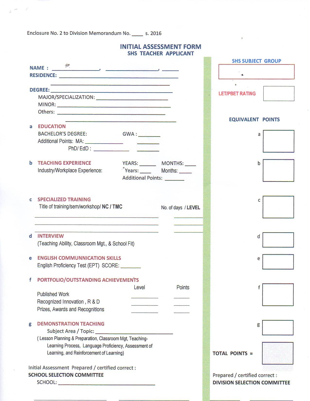 Initial Assessment Form SHS Teacher Applicant