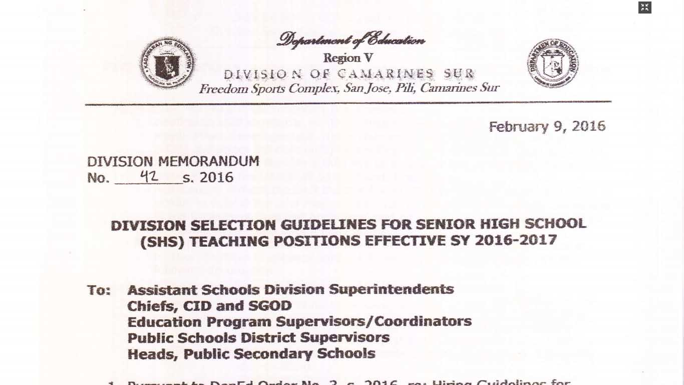 DepEd Camarines Sur Recruitment of Senior High School Teacher Applicants