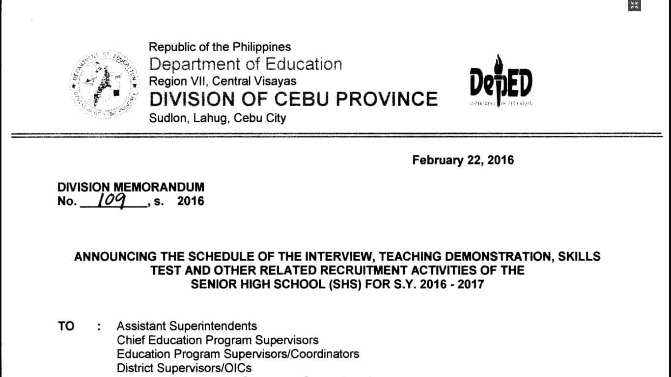 DepEd Cebu Province Recruitment of Senior High School Teacher Applicants