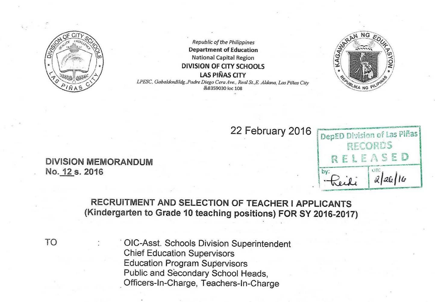 DepEd Las Piñas 2016 Ranking of Teacher I Applicants