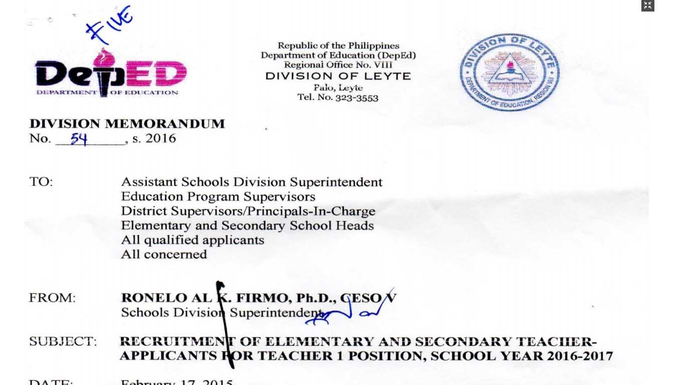 DepEd Leyte Recruitment of Elementary and Secondary Teacher Applicants for Teacher I Position