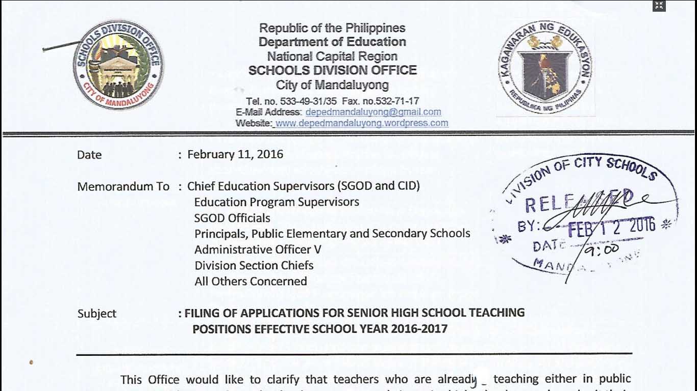 DepEd Mandaluyong Filing of Applications for Senior High School Teaching Positions Effective School Year 2016-2017