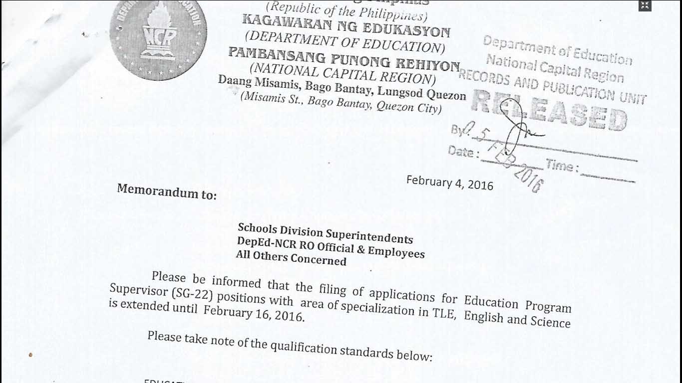 DepEd NCR Filing of Applications for Education Program Supervisor Positions