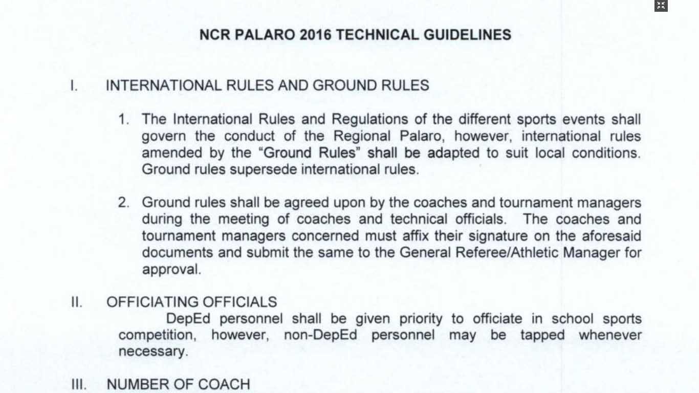 DepEd NCR Palaro 2016 Technical Guidelines