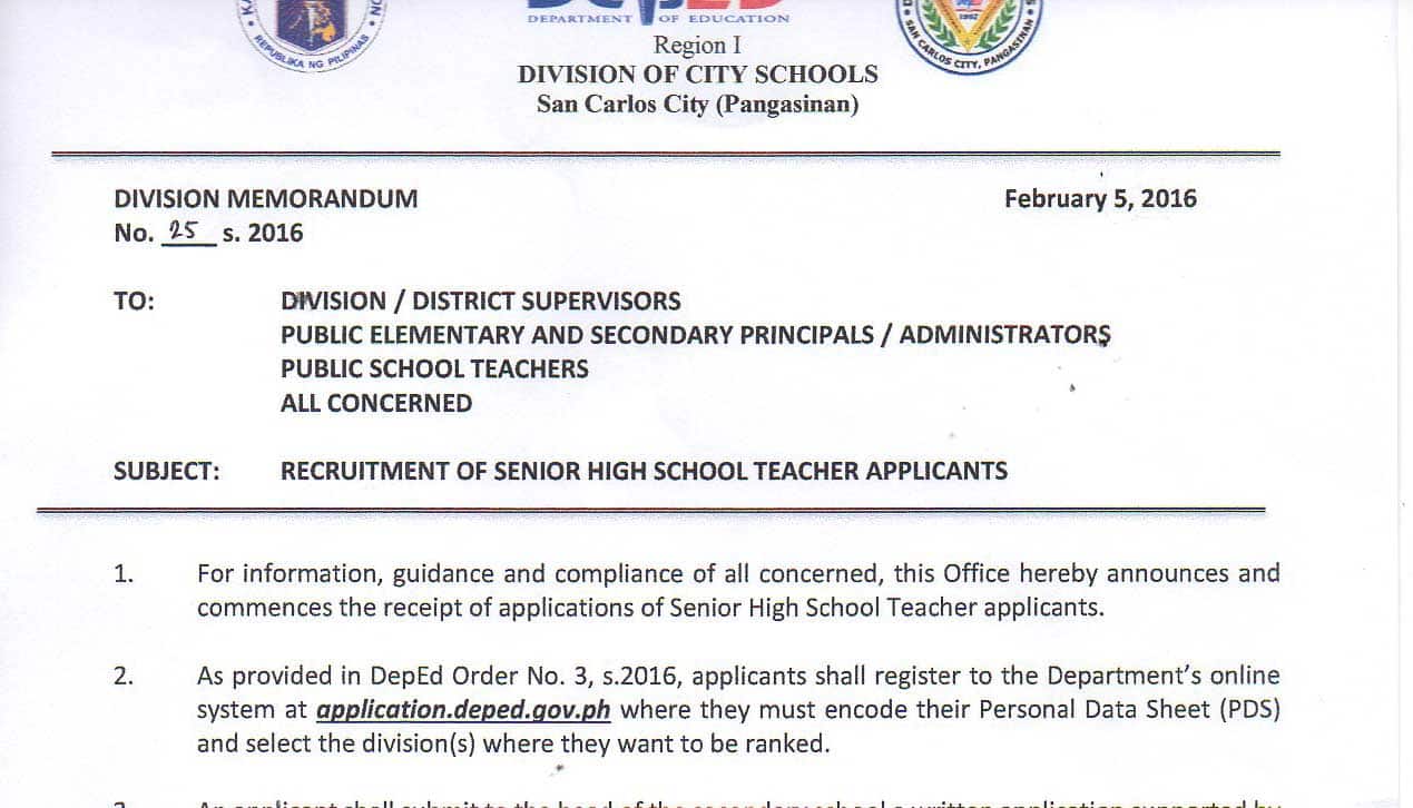 DepEd San Carlos City Pangasinan Recruitment of Senior High School Teacher Applicants