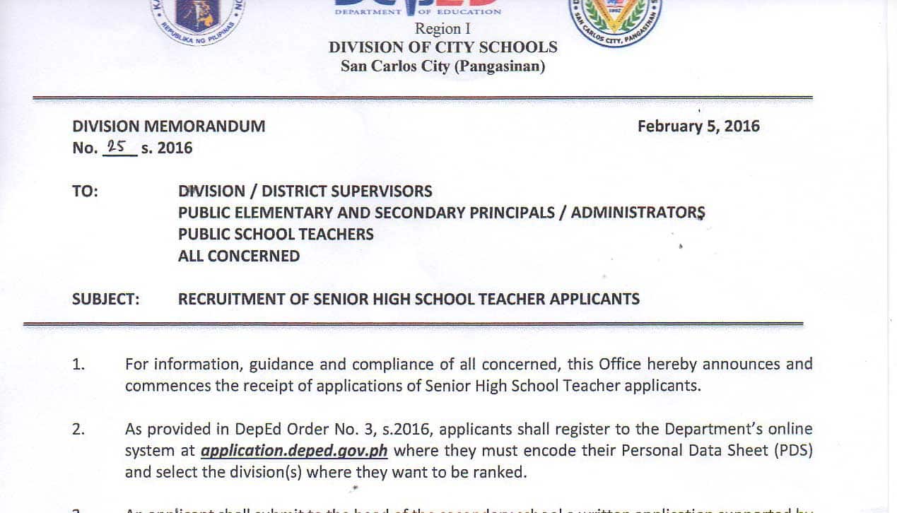 DepEd San Carlos City Pangasinan Recruitment of Senior 