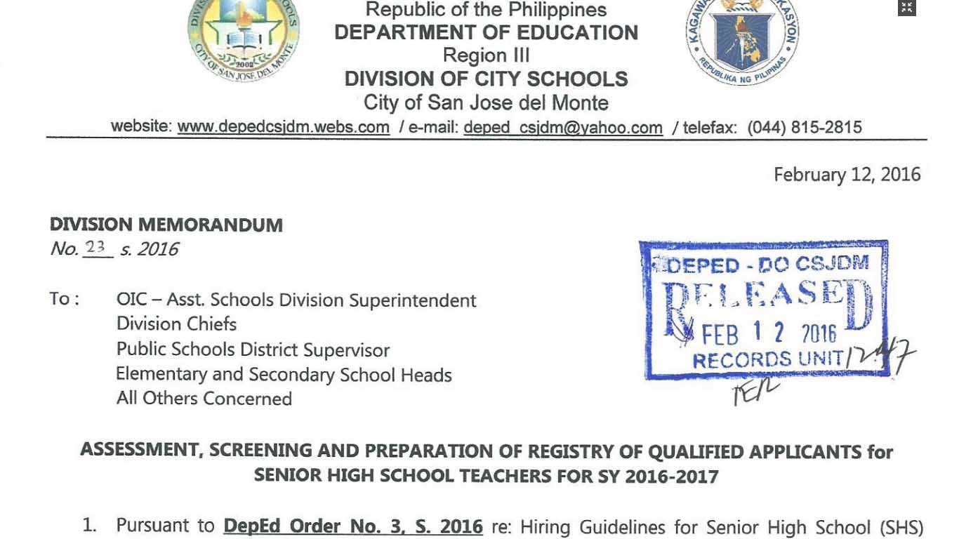 DepEd San Jose del Monte Recruitment of Senior High School Teacher