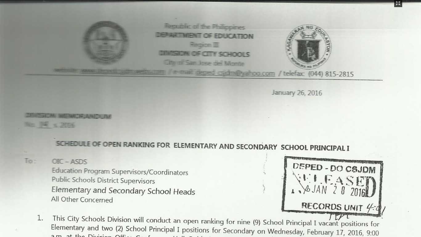 DepEd San Jose del Monte Schedule of Open Ranking for Elementary and