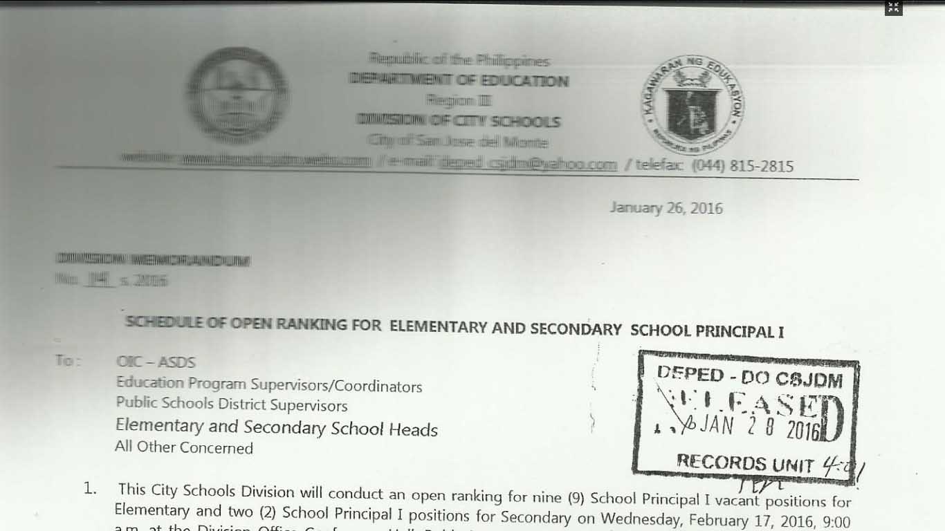 DepEd San Jose del Monte Schedule of Open Ranking for Elementary and Secondary School Principal I