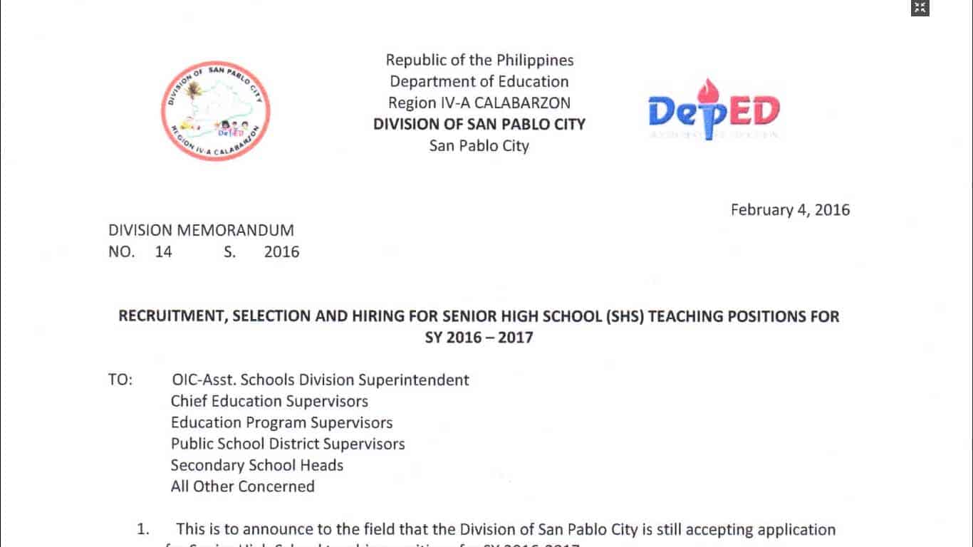 DepEd San Pablo City Recruitment, Selection and Hiring for Senior High School Teaching Positions
