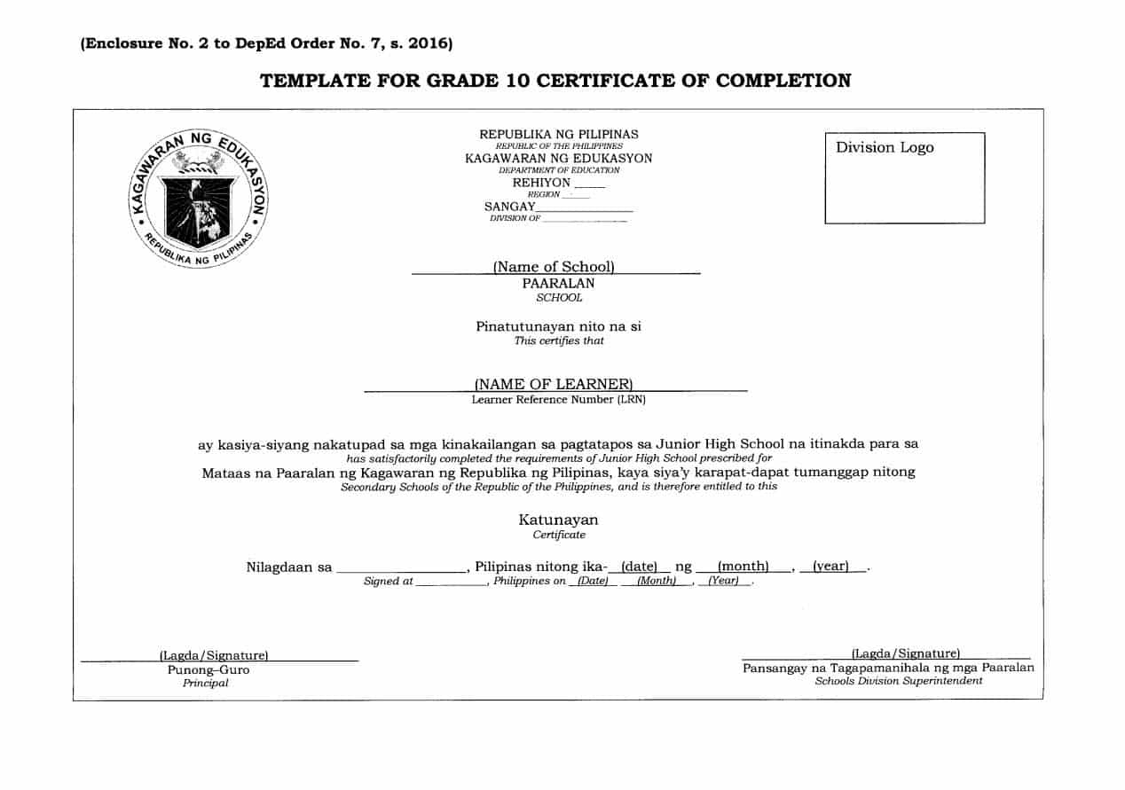 DepEd Template for Grade 10 Certificate of Completion