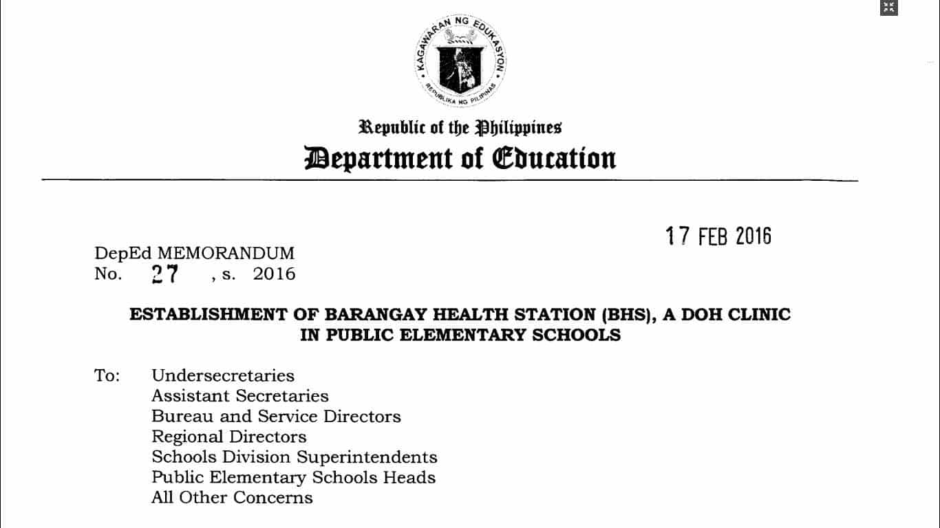 Establishment of Barangay Health Station (BHS), A DOH Clinic in Public Elementary Schools