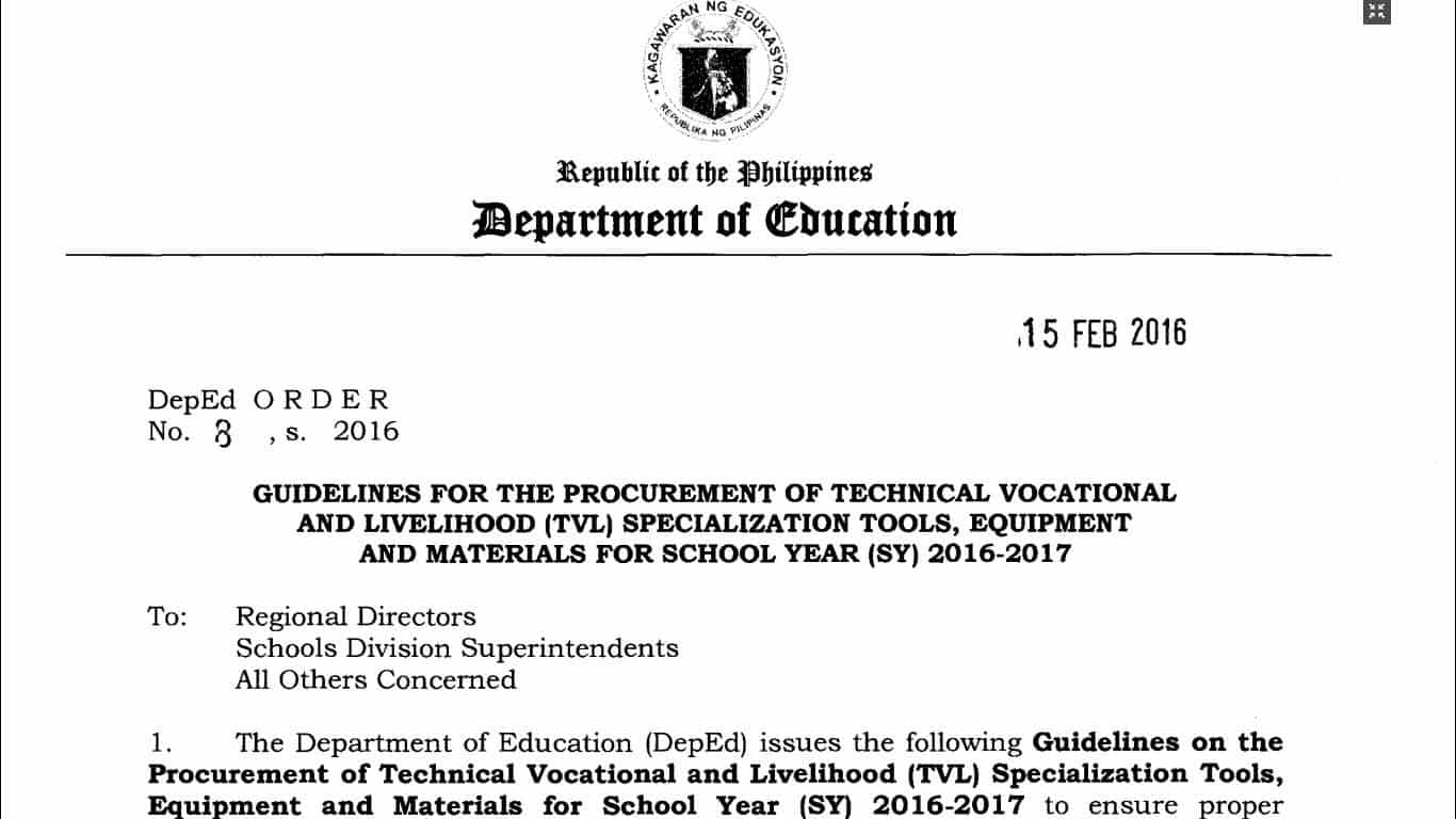 Guidelines for the Procurement of Technical Vocational and Livelihood (TVL) Specialization Tools, Equipment and Materials for School Year (SY) 2016-2017