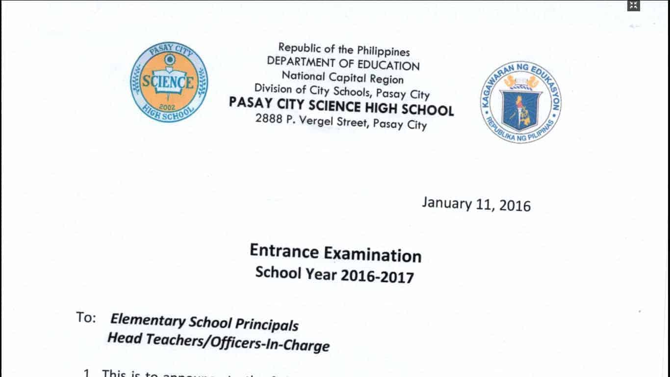 Pasay City Science High School Entrance Examination