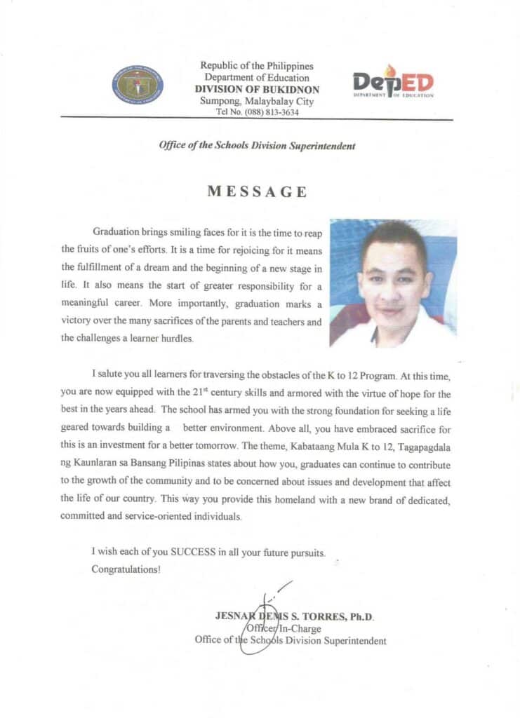 2016 Graduation Message of Jesnar Dems S. Torres OIC- Schools Division