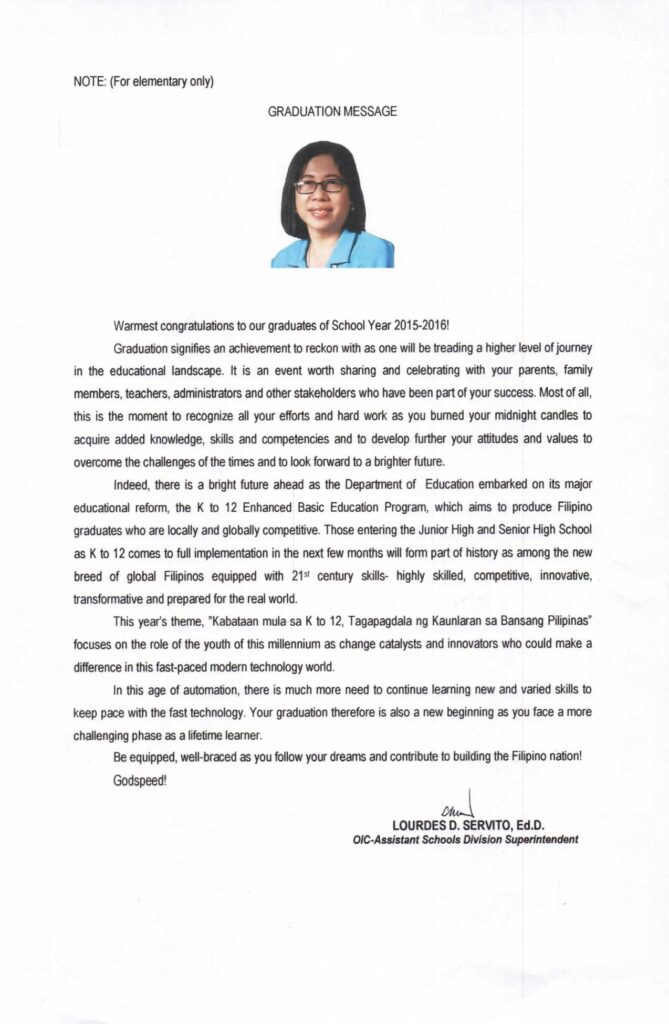 2016 Graduation Message of Lourdes D. Servito Elementary