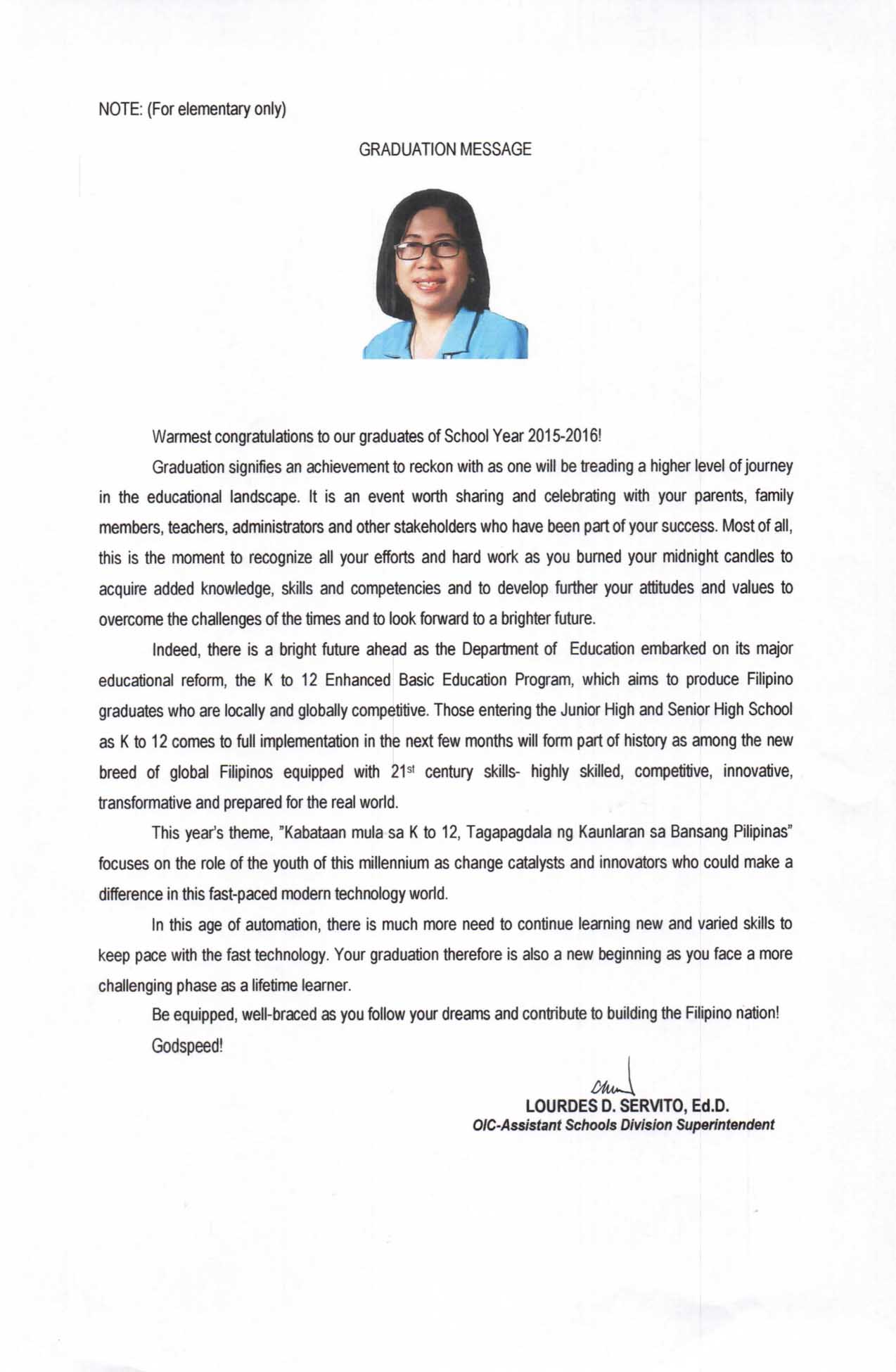 2016 Graduation Message of Lourdes D. Servito - TeacherPH