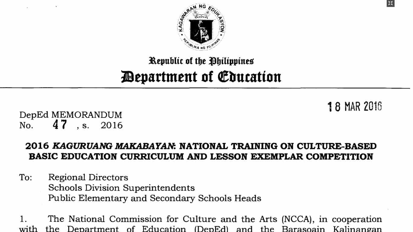 2016 Kaguruang Makabayan National Training on Culture-Based Basic Education Curriculum and Lesson Exemplar Competition