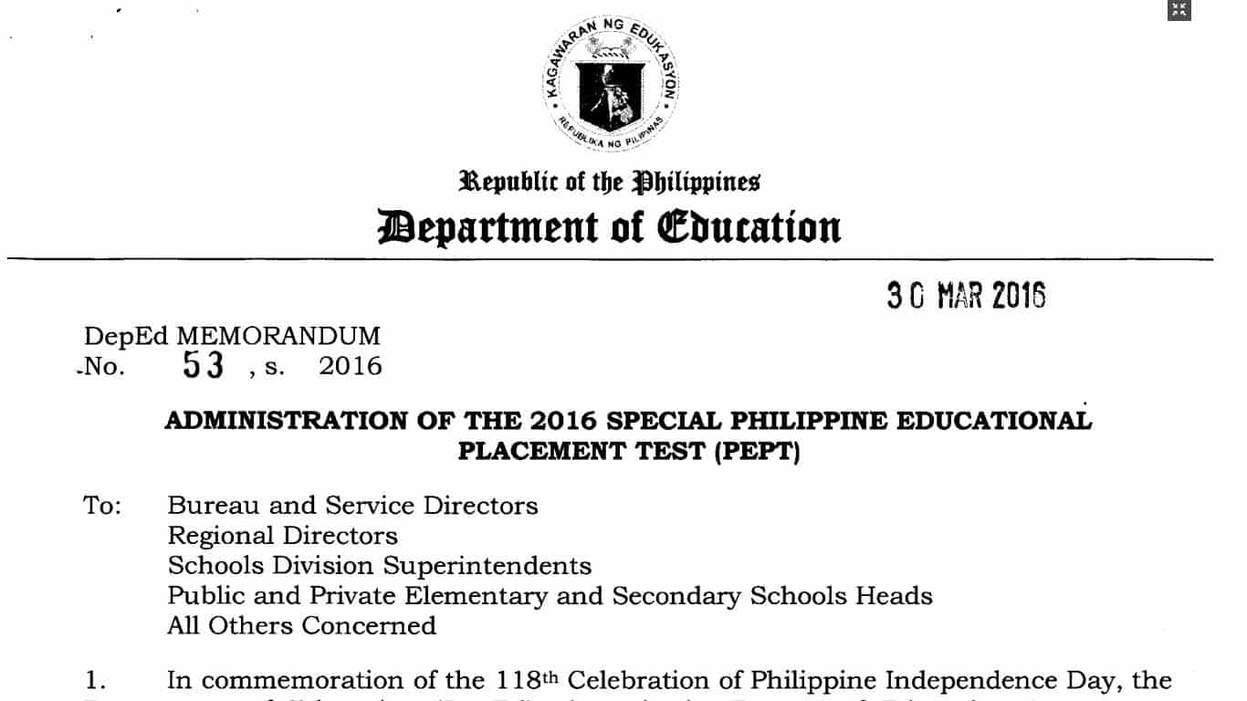 Administration of the 2016 Special Philippine Educational Placement Test (PEPT)
