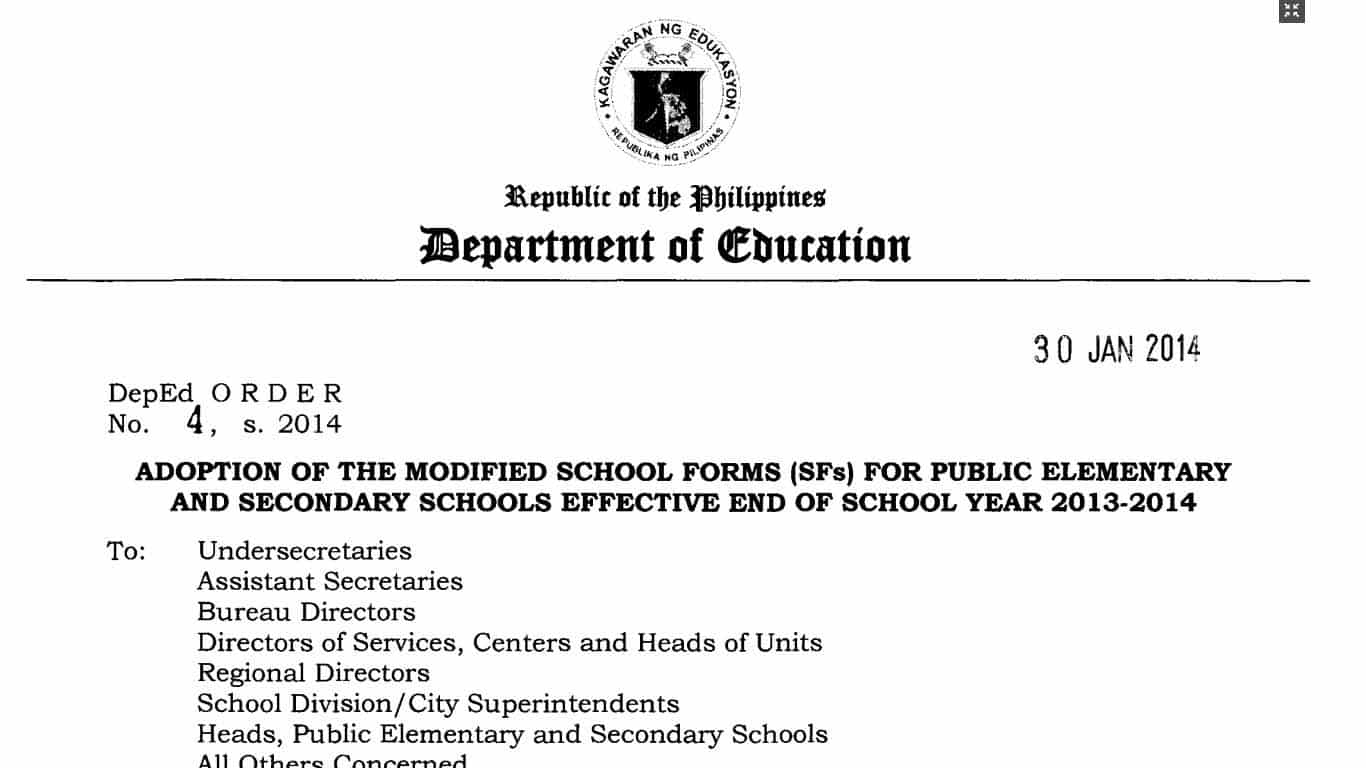 Adoption of the Modified School Forms (SFs) for Public Elementary and Secondary Schools