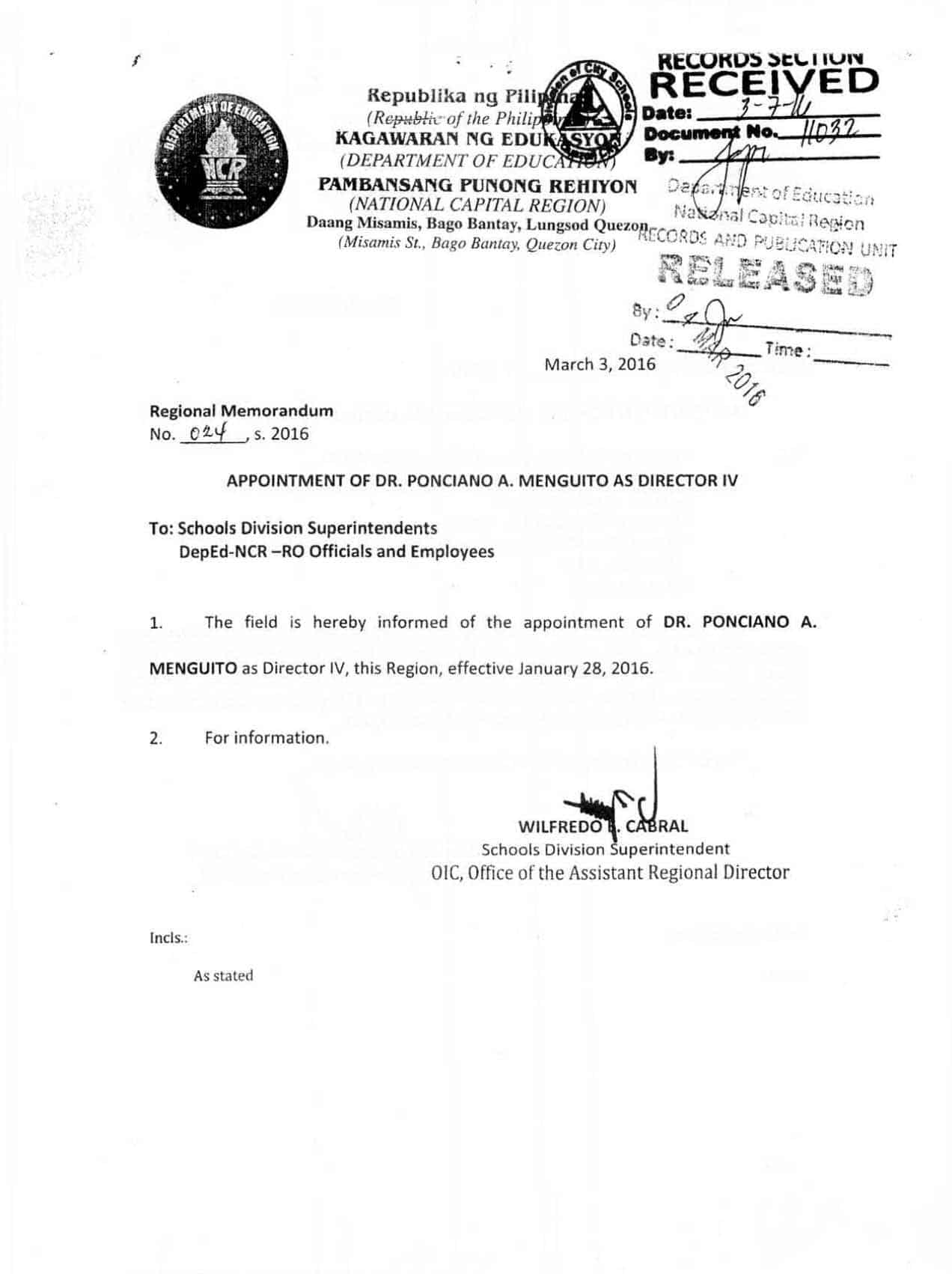 Appointment of Dr. Ponciano A. Menguito as Director IV