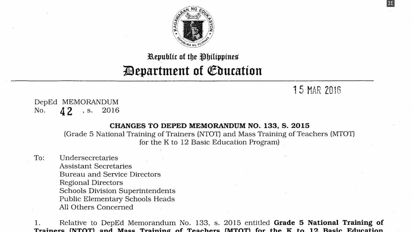 Changes to DepEd Memorandum No. 133, s. 2015