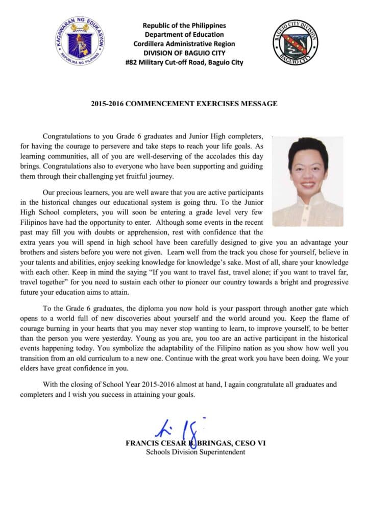 Commencement Exercises Message of SDS Francis Cesar Bringas