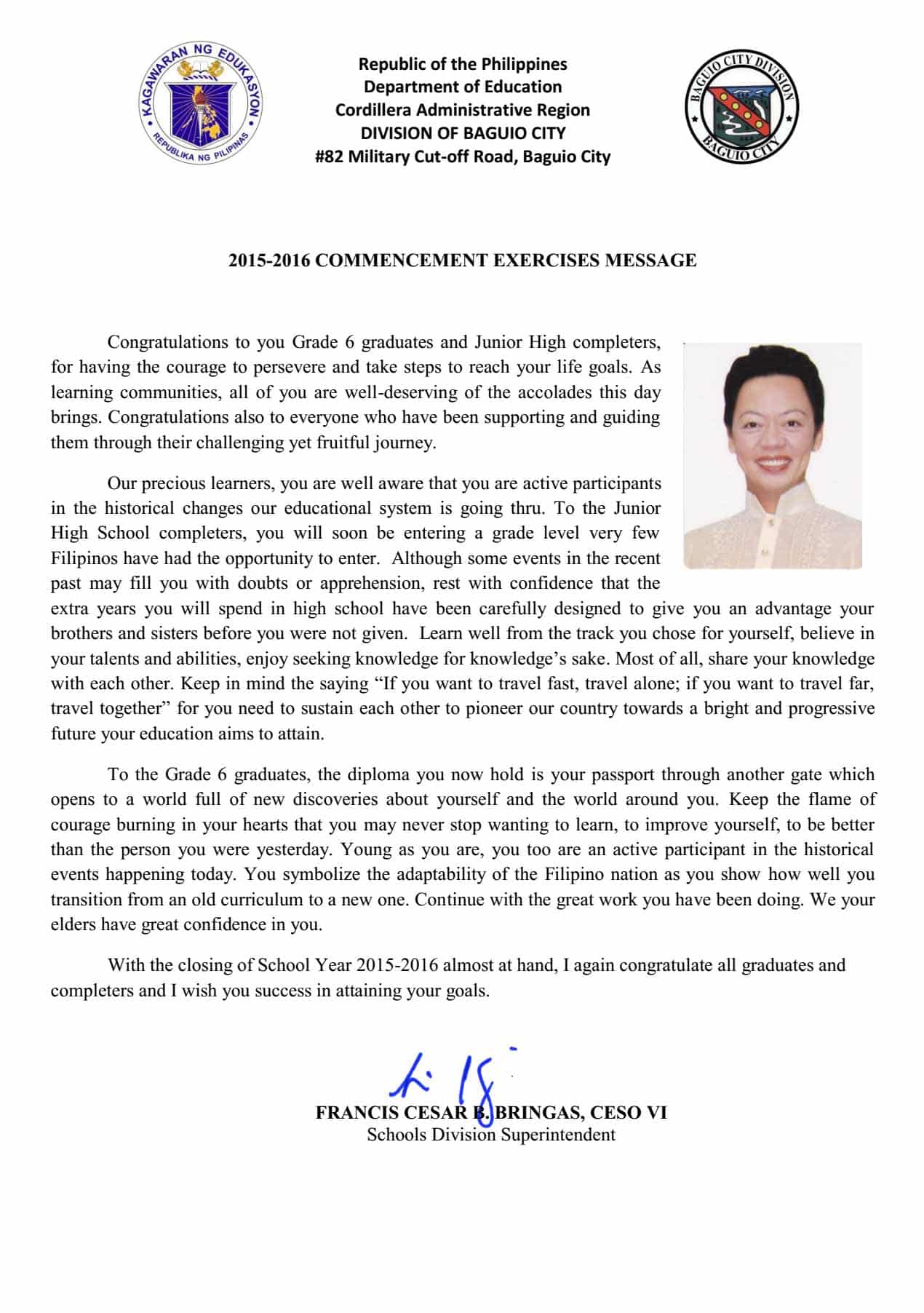 Commencement Exercises Message of SDS Francis Cesar Bringas