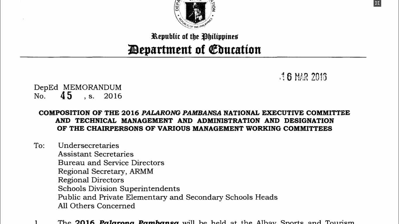Composition of the 2016 Palarong Pambansa National Executive Committee and Technical Management
