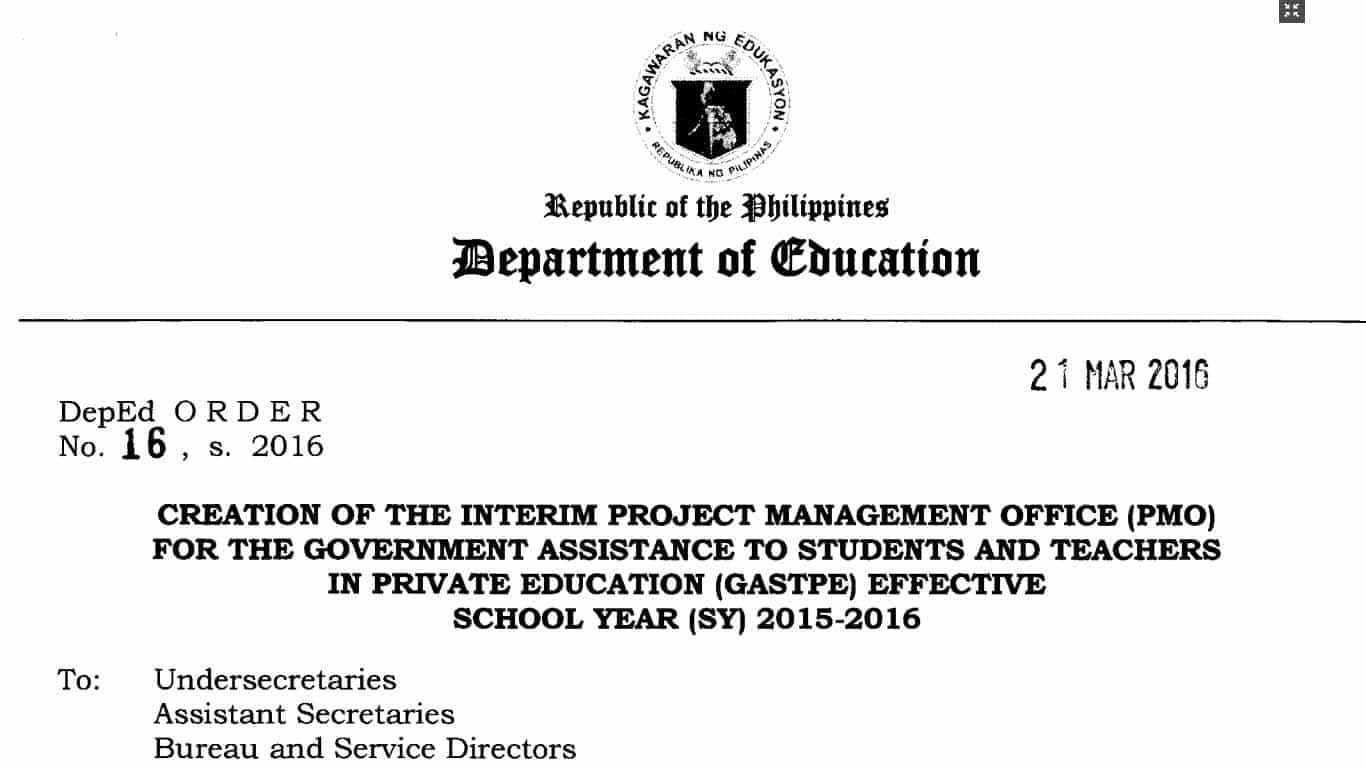 Creation of the Interim Project Management Office (PMO) for the Government Assistance to Students and Teachers in Private Education (GASTPE)