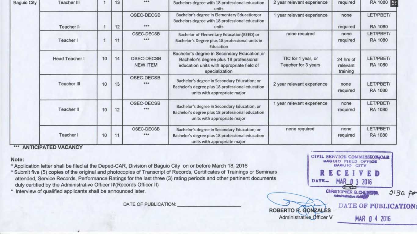 DepEd Baguio City Anticipated Vacancy as of March 2016