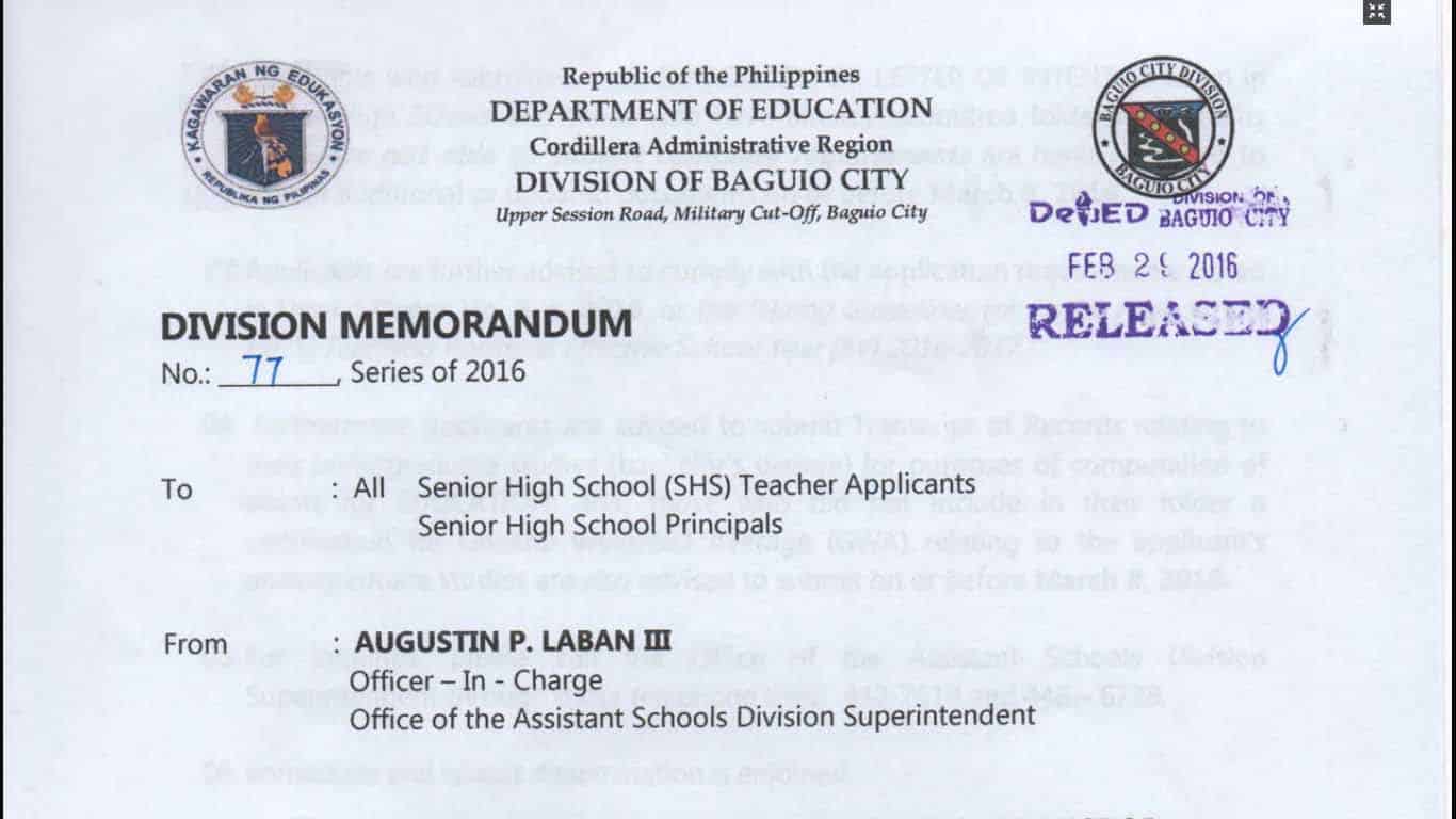DepEd Baguio City Recruitment of Senior High School Teacher Applicants