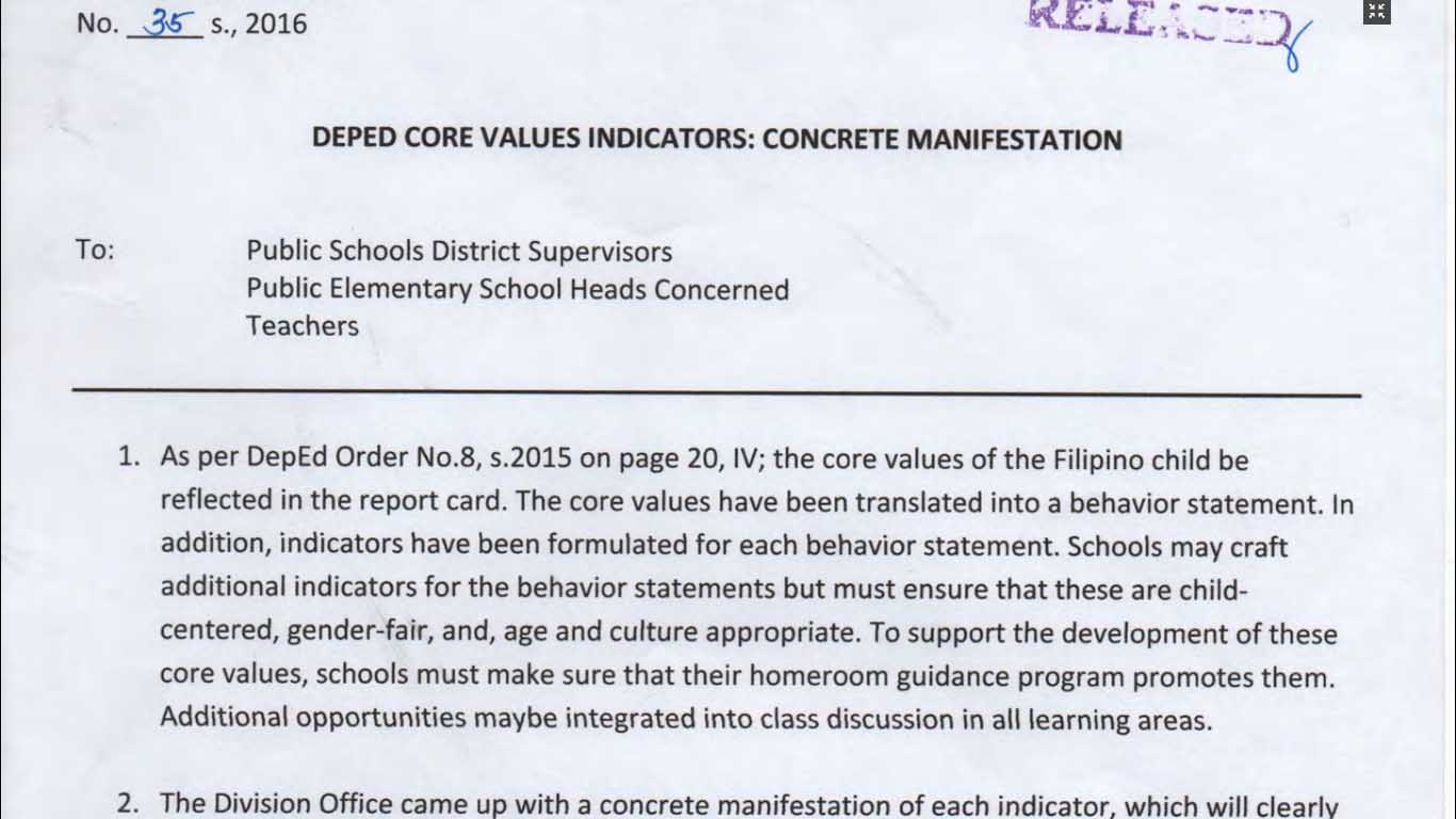 DepEd Core Values Indicators Concrete Manifestation