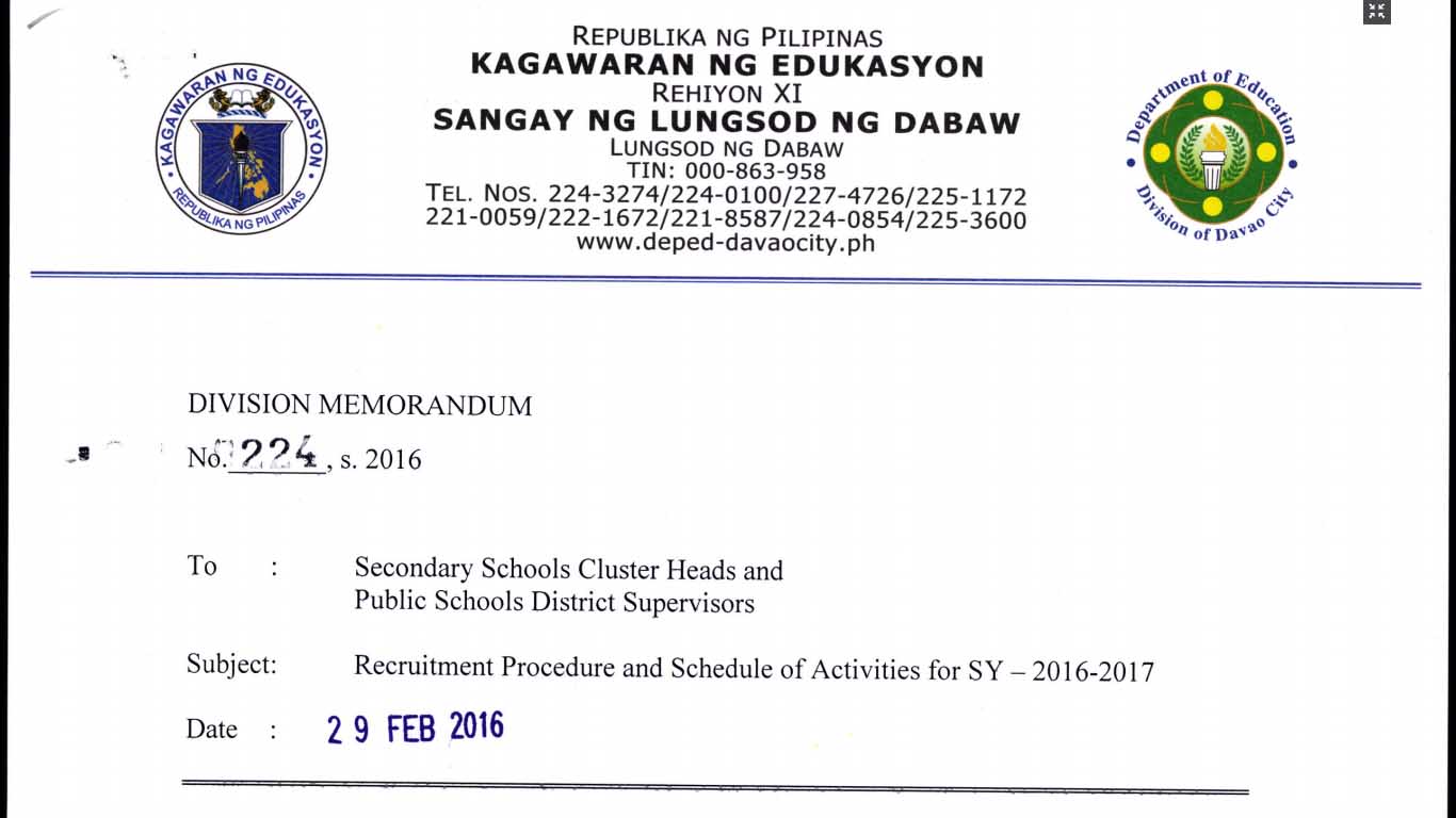 DepEd Davao City 2016 Recruitment Procedure and Schedule of Activities