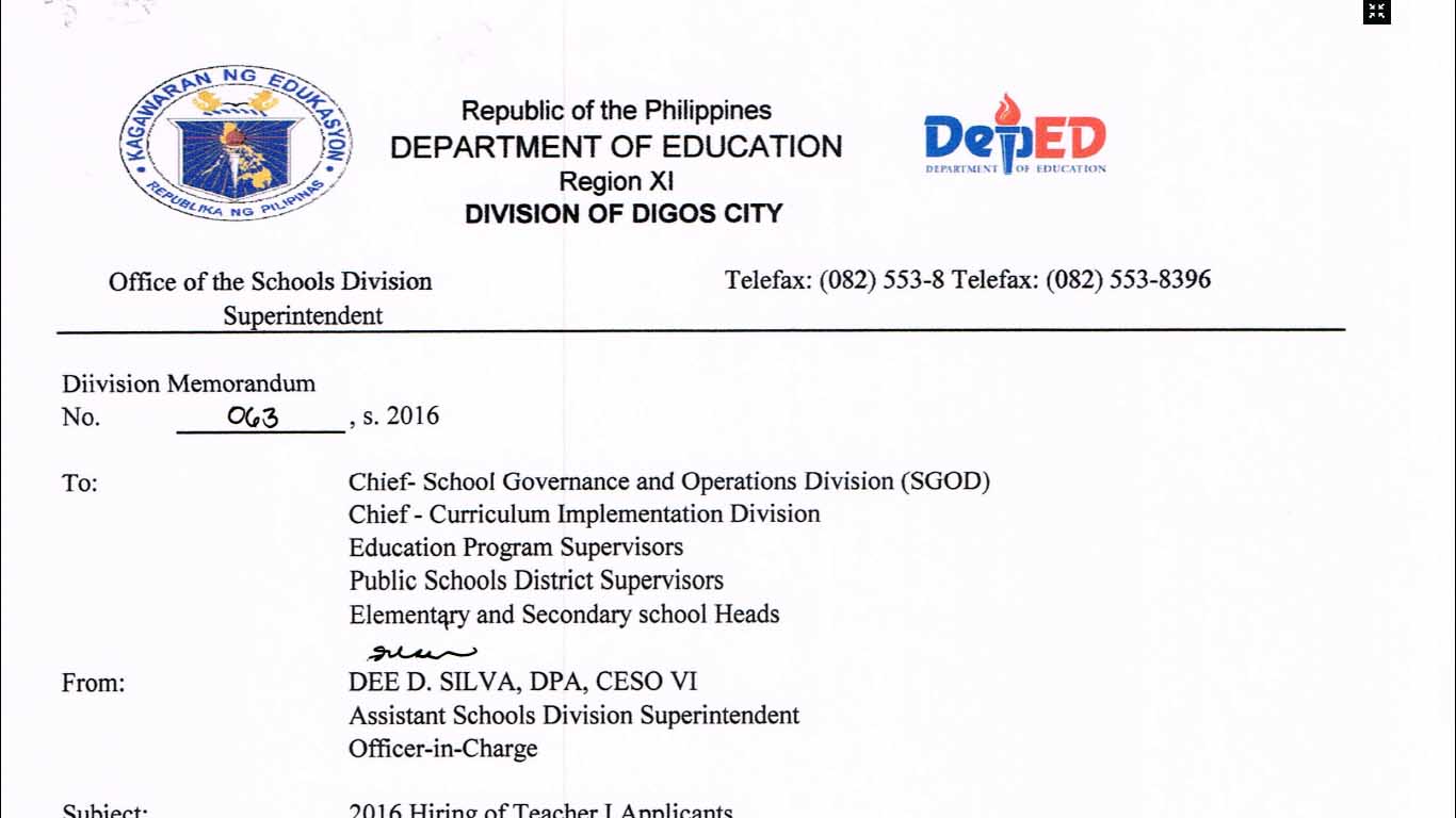 DepEd Digos City 2016 Ranking of Teacher 1 Applicants