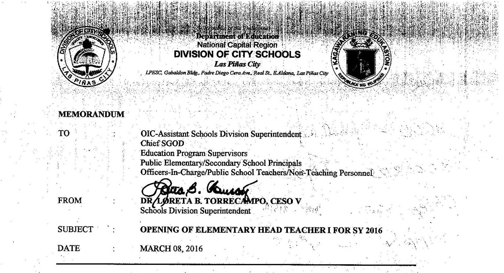 DepEd Las Piñas Opening of Elementary Head Teacher I for SY 2016
