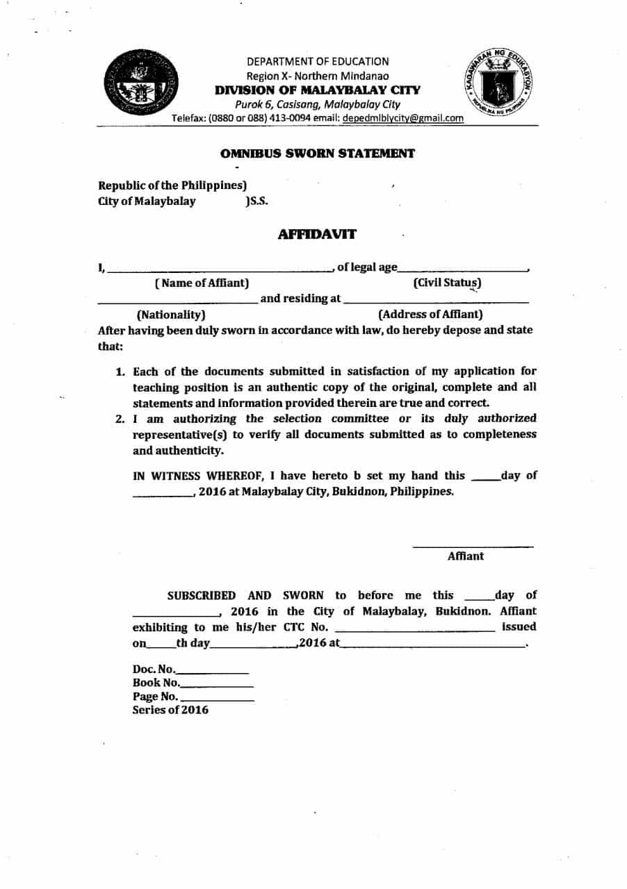 DepEd Malaybalay City Omnibus Sworn Statement
