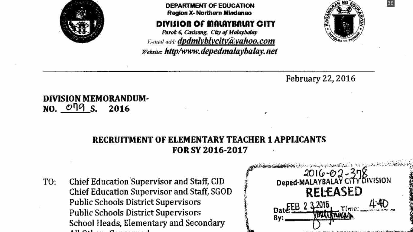 DepEd Malaybalay City Recruitment of Elementary Teacher I Applicants For SY 2016-2017