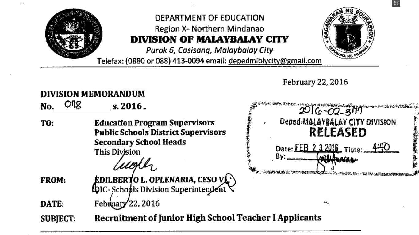 DepEd Malaybalay City Recruitment of Junior High School Teacher I Applicants