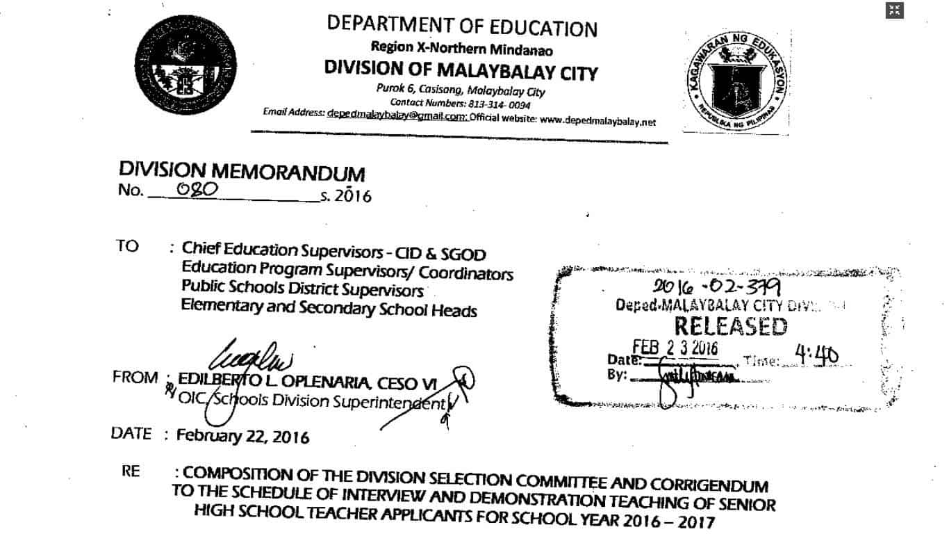 DepEd Malaybalay City Schedule of Interview and Demonstration Teaching of Senior High School Teacher Applicants
