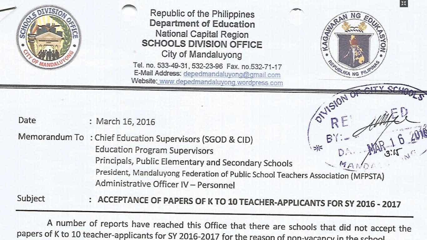 DepEd Mandaluyong Acceptance of Papers of K to 10 Teacher-Applicants for SY 2016-2017