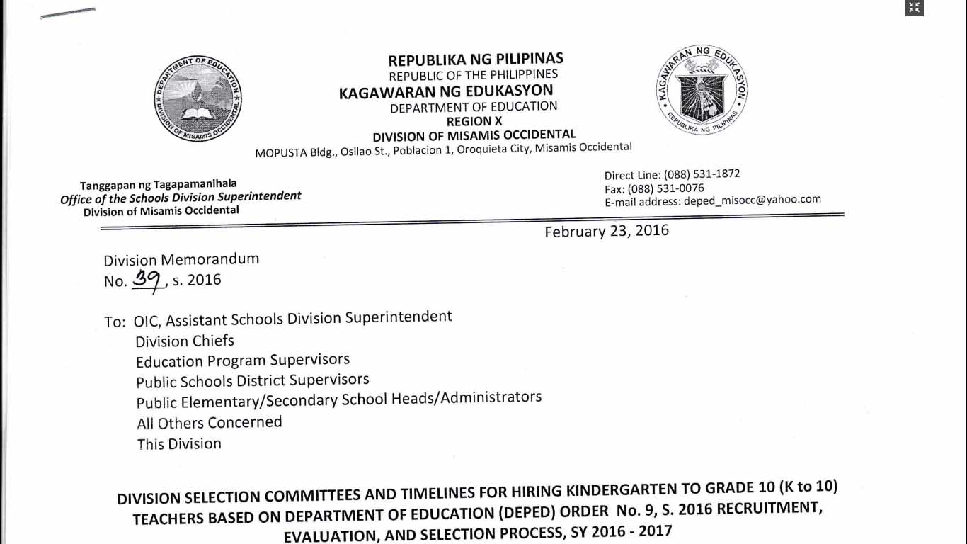 DepEd Misamis Occidental 2016 Ranking of Teacher I Applicants