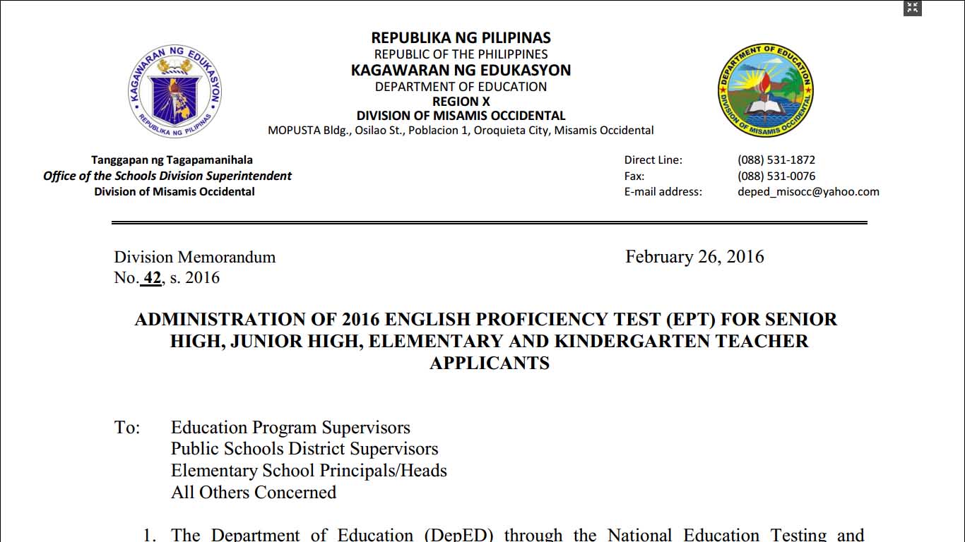 DepEd Misamis Occidental Administration of 2016 English Proficiency Test (EPT)