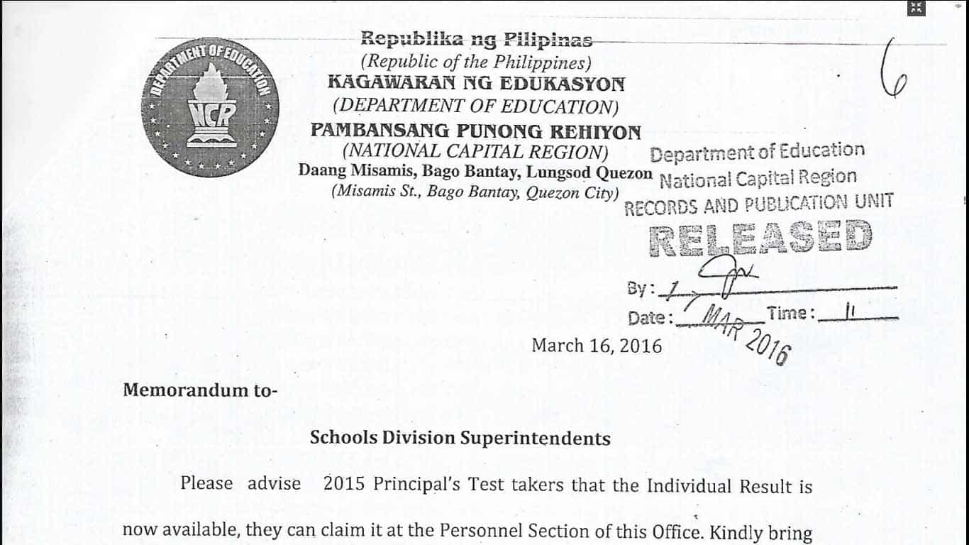 DepEd NCR - Results of the 2015 Principals' Test