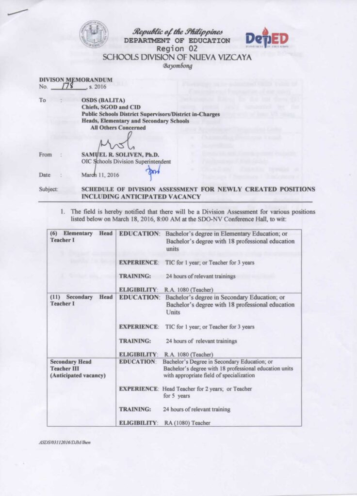 DepEd Nueva Vizcaya Anticipated Vacancy as of March 2016 page 1