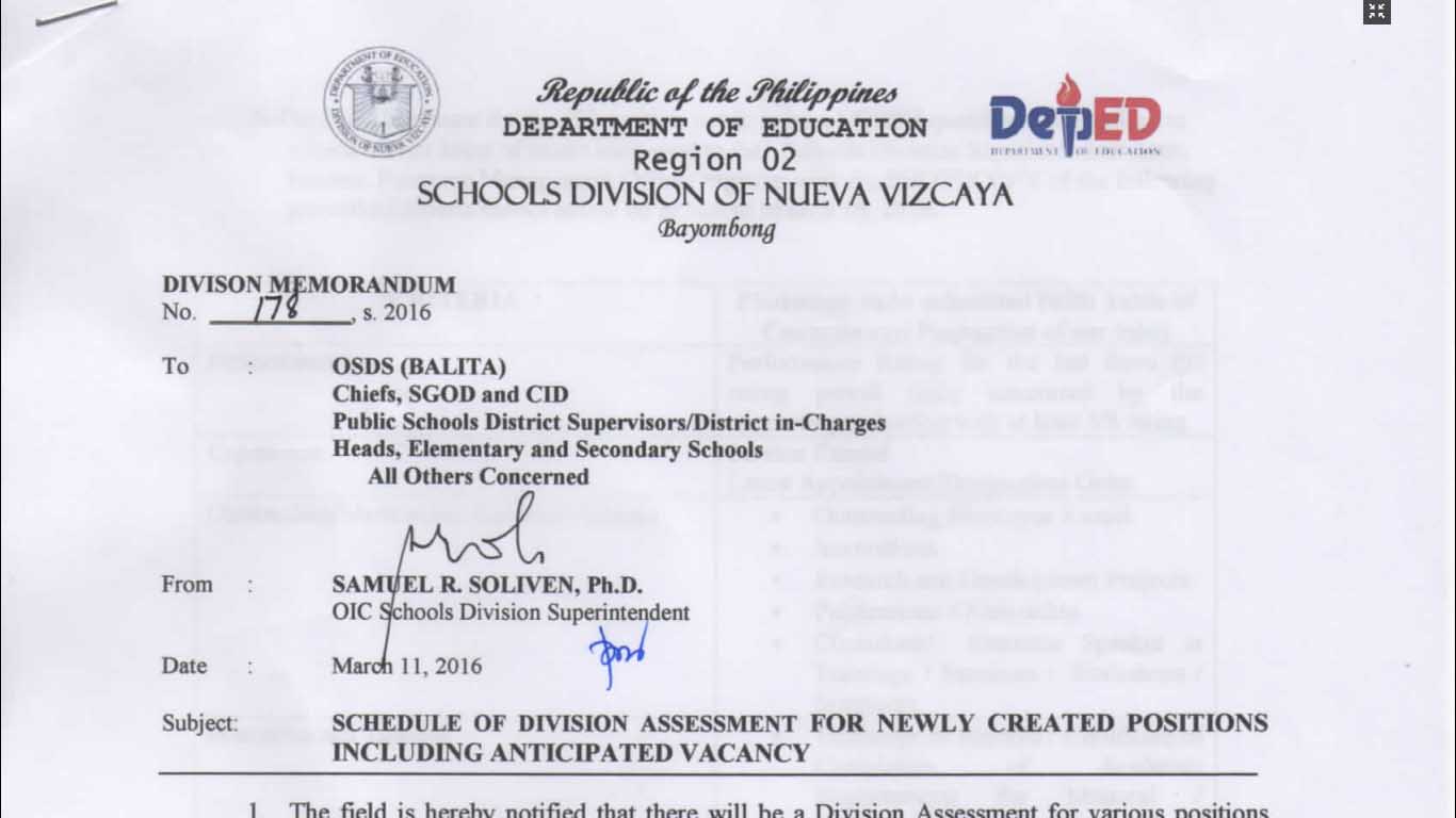 DepEd Nueva Vizcaya Anticipated Vacancy as of March 2016
