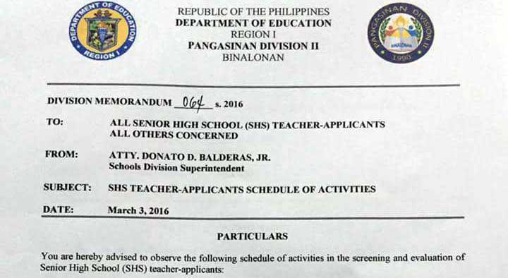 DepEd Pangasinan Division II Senior High School Teacher-Applicants Schedule of Activities