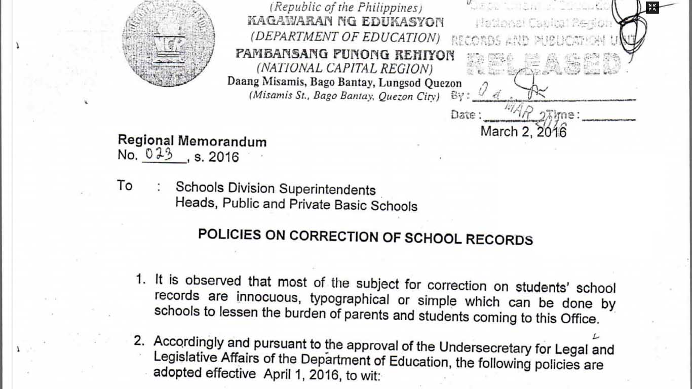 DepEd Policies on Correction of School Records