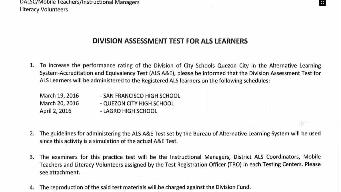 DepEd Quezon City Assessment Test for ALS Learners