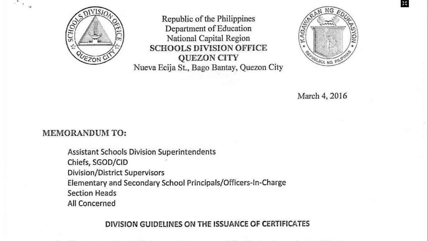 DepEd Quezon City Guidelines on the Issuance of Certificates